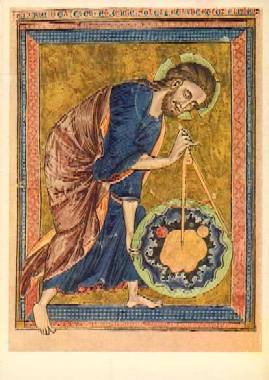 Der Schpfer, die Welt messend. Aus einer Bible moralise, franzsische Arbeit aus der Mitte des 13. Jh., wahrscheinlich in der Champagne (Reims?) ausgefhrt. Wien, Nat.-Bibl., Cod. 2554 f. Iv.